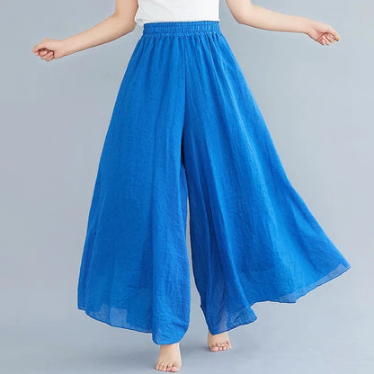 2024 Sen Women'S Artistic Plus Size Cotton Linen Pants Skirt Elastic Waist Solid Color Ethnic Style Wide Leg Pants Skirt