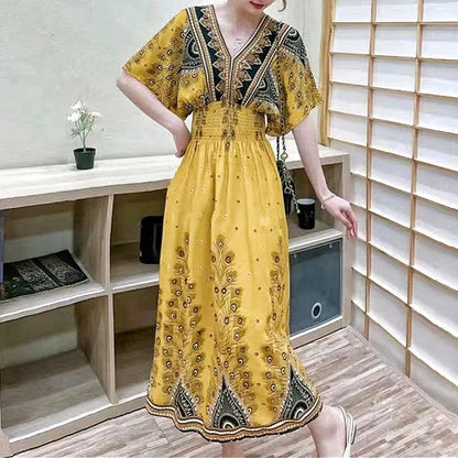 Casual Elegant Retro Bohemian National Style V-Neck Elastic  Waist Large Swing Printed Summer Long Skirt Woman Dress Clothes