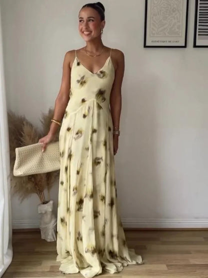 Yellow Print V Neck Sling Maxi Dresses Elegant Sleeveless Backless High Waist Pleated Long Dress Lady New Summer Commute Robes