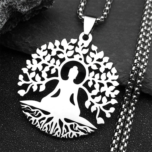Buddhism Meditation Buddha Yoga Pendant Necklace Stainless Steel Tree Of Life Buddhist Chakras Reiki Chain  Jewelry Collar