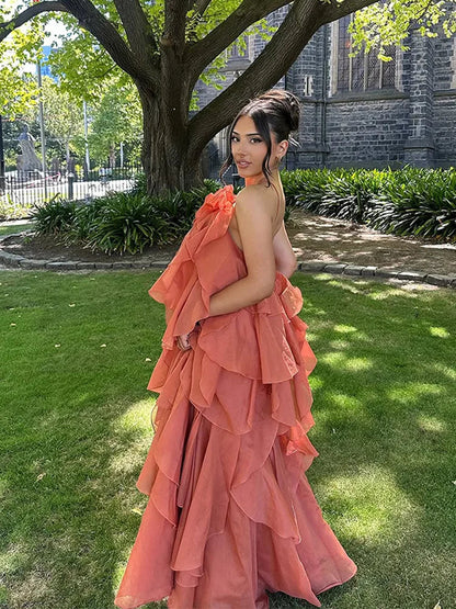 Beach Layer Ruffles Long Dress Women 3D Flower Backless Sleeveless Slim Fit Maxi Dresses Female 2025 Summer Lady Party Robes