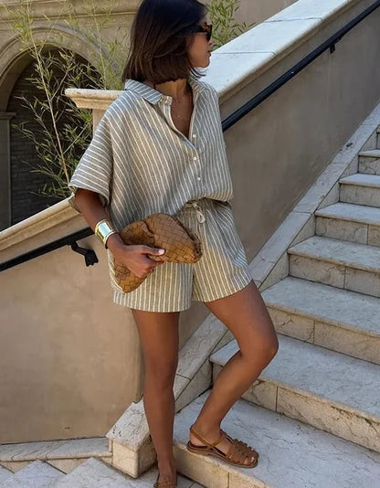 Women Fashion Stripe Print Lace-Up Shorts Set Oversized Lapel Short Sleeve Single Breasted Shirts Suit Lady Casual Street Outfit