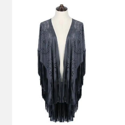 Camel Suede Floral Hollow Out Fringe Tassel Shawl Women Vintage Capes Ponchos Autumn Bohemian Cardigan Cloak Boho Capes