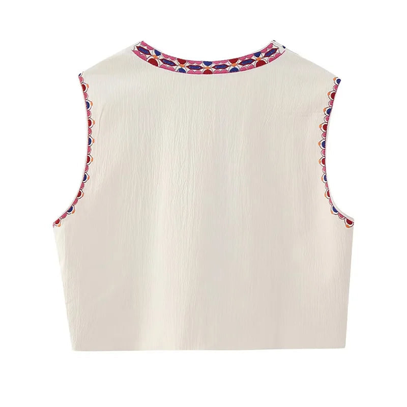 Women Vintage Floral Embroidered Open Waistcoat Ladies National Style Vest Jacket Outfits Casual Vacation Crop Top