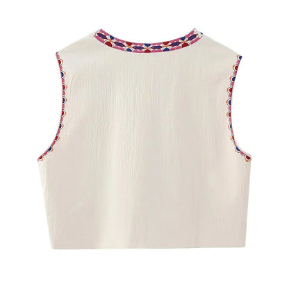 Women Vintage Floral Embroidered Open Waistcoat Ladies National Style Vest Jacket Outfits Casual Vacation Crop Top