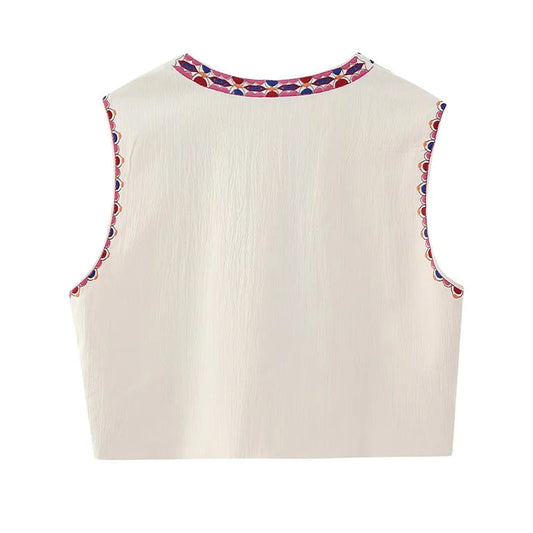 Women Vintage Floral Embroidered Open Waistcoat Ladies National Style Vest Jacket Outfits Casual Vacation Crop Top