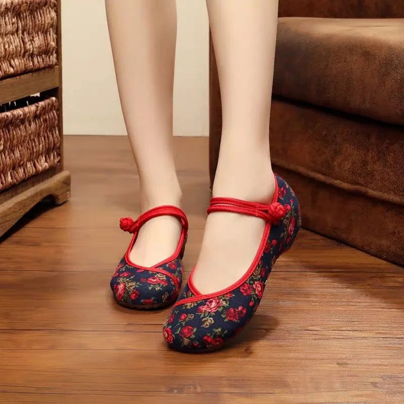 Women Retro High Quality Red Embroidery Ballet Shoes Lady Casual Sweet White Anti Skid Hemp Flat Shoes Zapatos Mujer E6184X