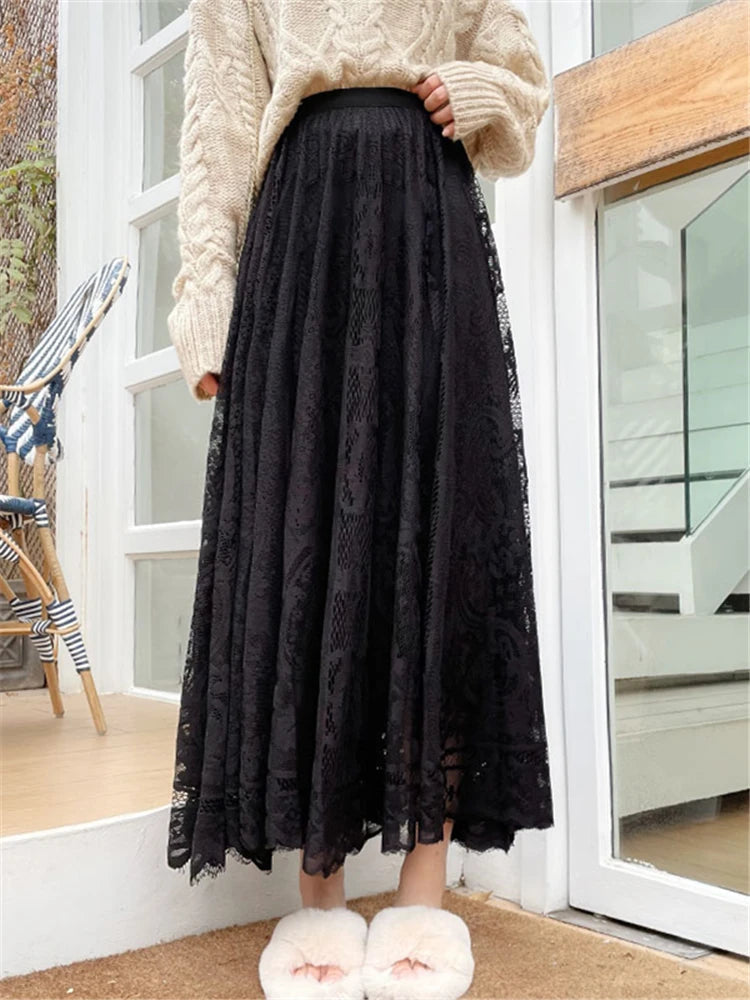 Vintage Women'S Lace Crochet Umbrella Long Skirts Bohemian High Waist Hollow Out Female Maxi Skirts Spring Summer