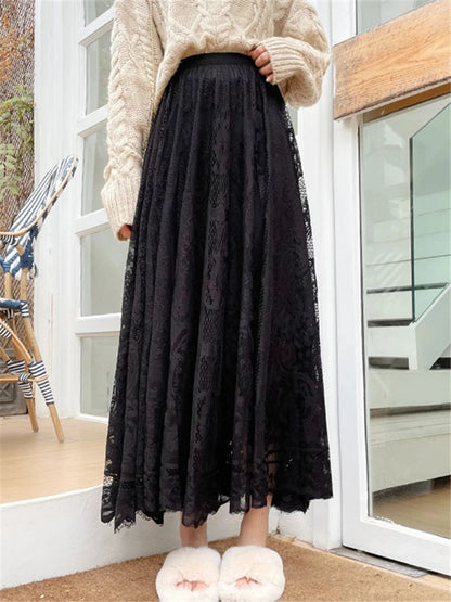 Vintage Women'S Lace Crochet Umbrella Long Skirts Bohemian High Waist Hollow Out Female Maxi Skirts Spring Summer