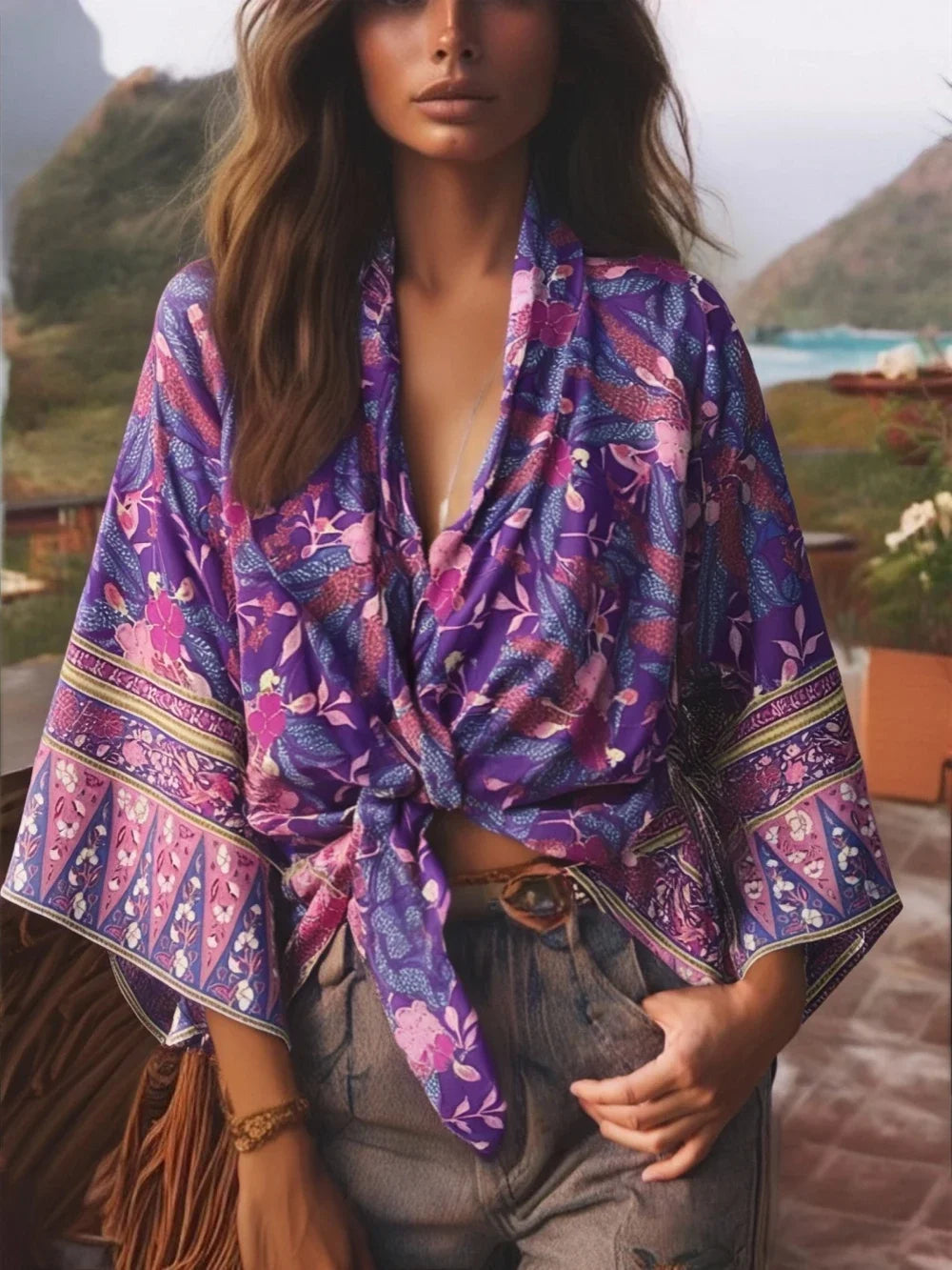 Happie Queens Floral Print Sashes Short  Kimono Women Fashion V Neck Batwing Sleeves Robe Lady Boho Bikini Cover-Ups