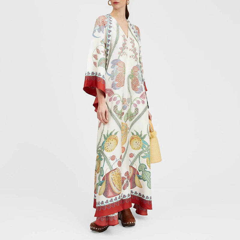 Ethnic Retro Spring Print Boho Long Dress Women Sexy Stand Collar Lace-Up Party Dress Fall Long Sleeve Loose Ladies Maxi Dresses
