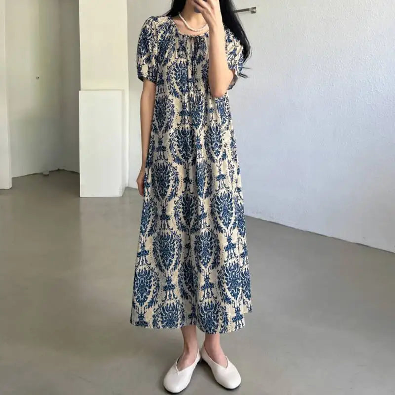 Holiday Summer Maxi Dress Women Fashion Short Sleeve Robe Vintage Printed Bandage O-Neck Sundress Casual Loose Vestidos