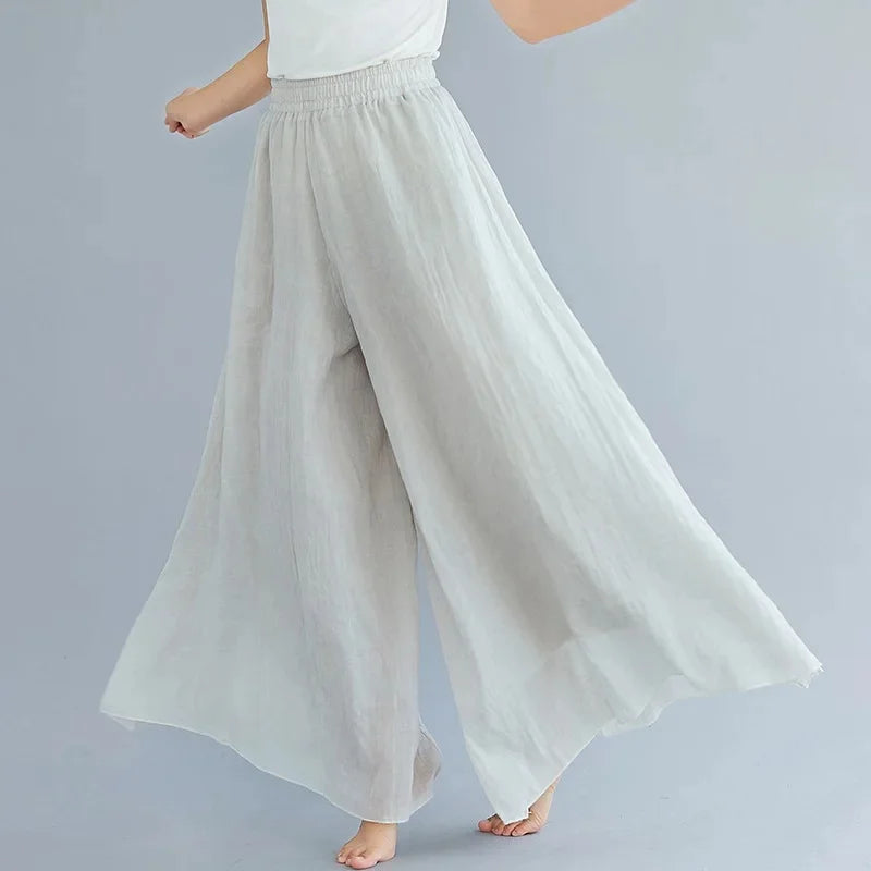 2024 Sen Women'S Artistic Plus Size Cotton Linen Pants Skirt Elastic Waist Solid Color Ethnic Style Wide Leg Pants Skirt