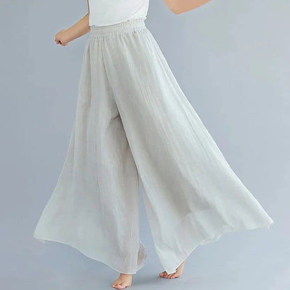 2024 Sen Women'S Artistic Plus Size Cotton Linen Pants Skirt Elastic Waist Solid Color Ethnic Style Wide Leg Pants Skirt