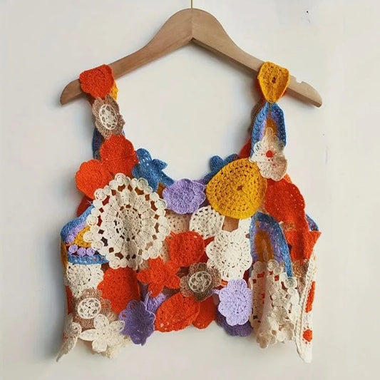 Embroidery Floral Crochet Tank Top Multicolor Open-Knit Crop Tank Tops Women Teengirl Summer Fairycore Cottagecore Outfit