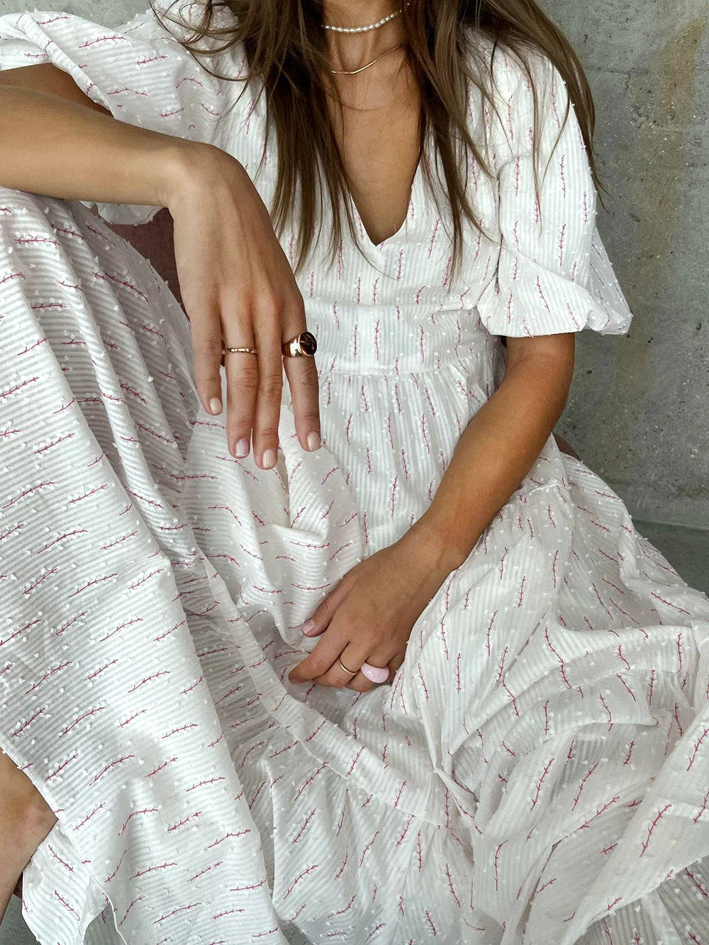 Vintage Women'S Cotton Dress 100% V Neck Elegant White Floral Print Dress Midi Long Puff Sleeve Casual Summer Dresses For Women