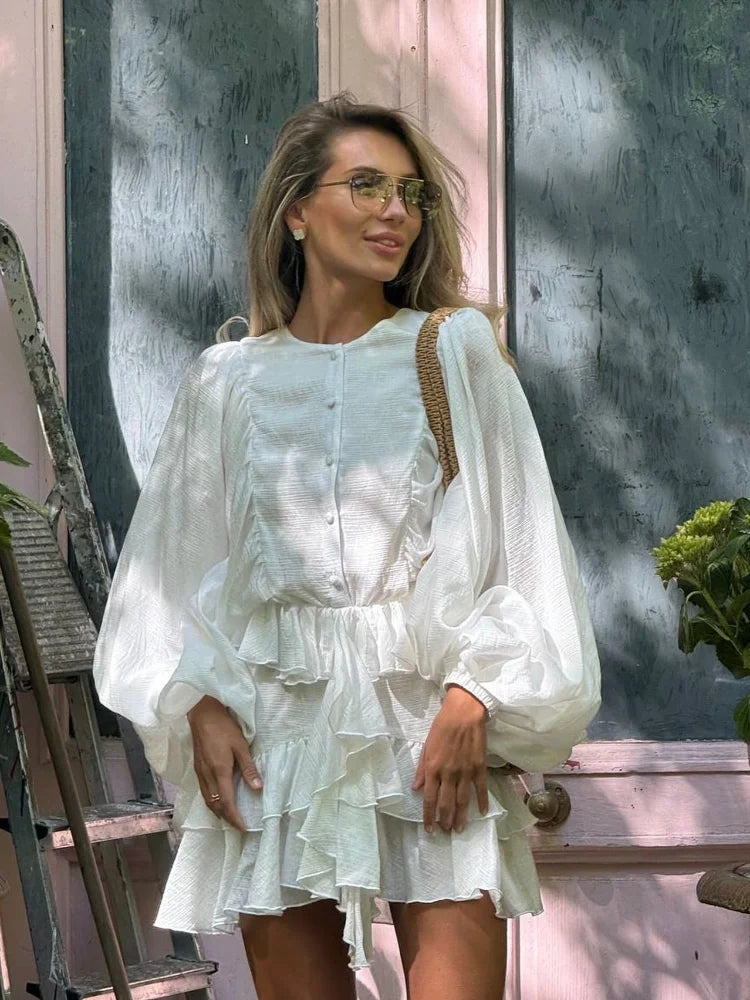 Irregular Ruffled Edge Buttons Lantern Sleeve Dress Women Chic Pleated Chiffon O Neck Mini Gowns Lady High Street Vestidos 2025