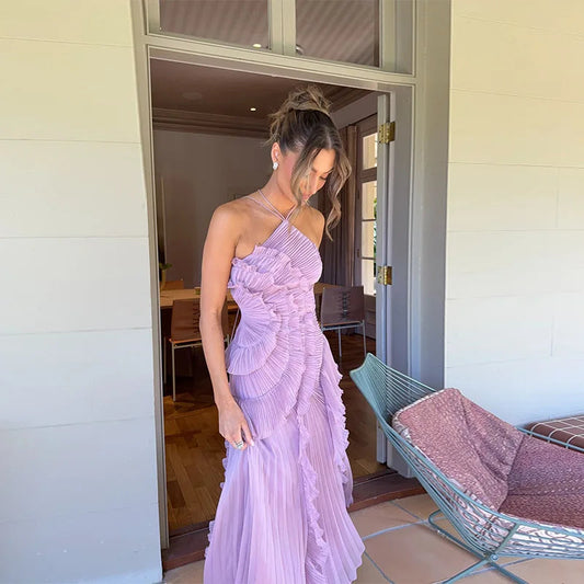 Chic Pleated Halter Neck Long Vacation Dress High Quality Purple Strapless Lotus Edge Maxi Dress 2025 New Lady Vacation Gowns