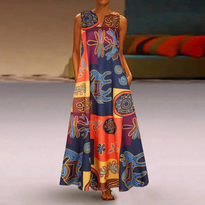 2024 New Summer Women'S Sleeveless V-Neck Printed Sexy Long Dress For Cross Border Trade In Europe And America