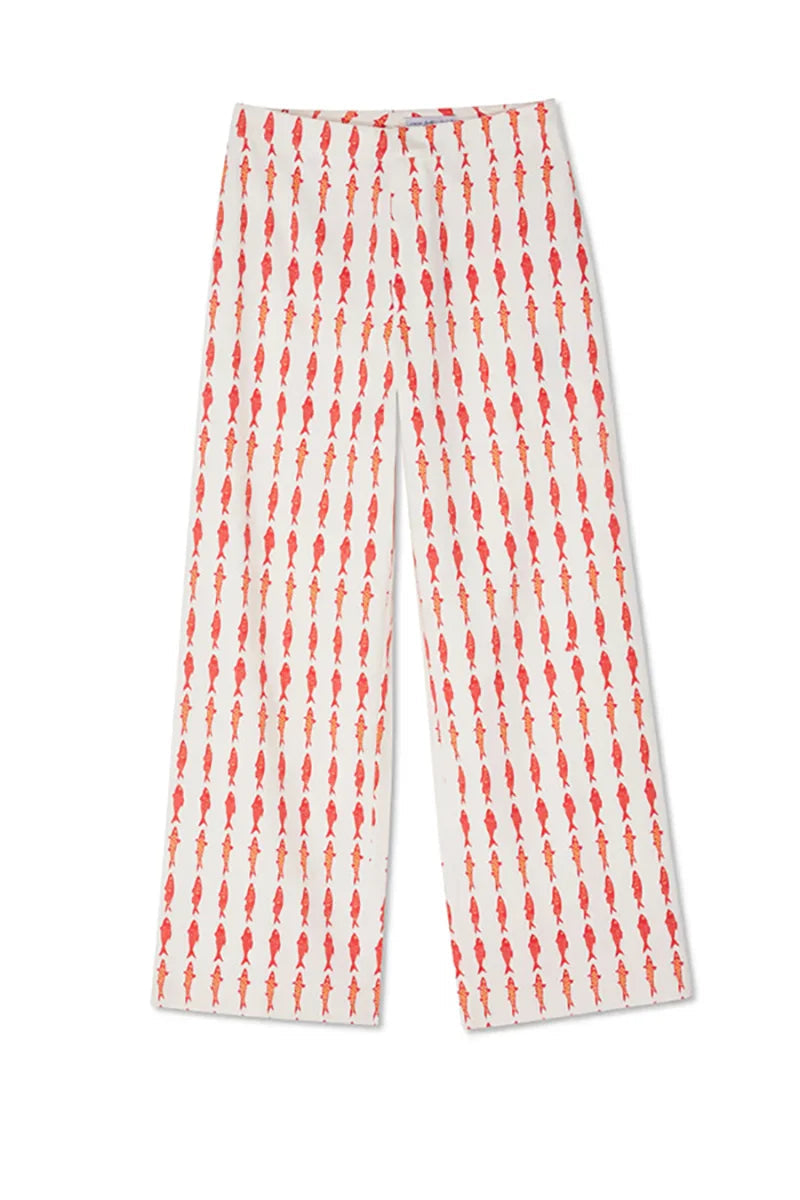 Summer Women Cartoon Red Fish Print O Neck Tank Top And Straight Female Long Pants Short Sleeve Shirt Wide Leg Pant 2 Piece Sets