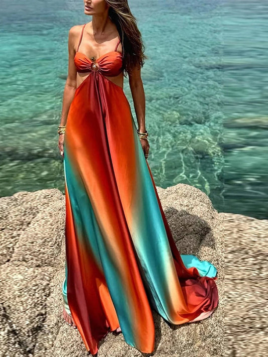 Fashion Gradient Hollow Out Maxi Dress Women Bohemia Spaghetti Strap Sleeveless Backless Beach Dresses Female Vacation Chic Robe