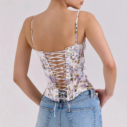 Mingmingxi Summer Corset Top Women 2025 New Arrivals Sexy Cropped Top Short Floral Print Lace Up Camis