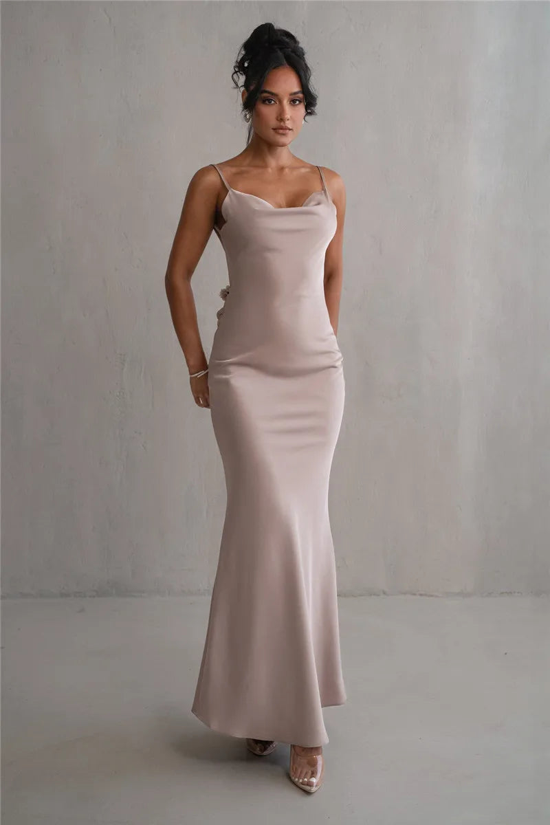 3D Flower Draped Open Back Maxi Dress