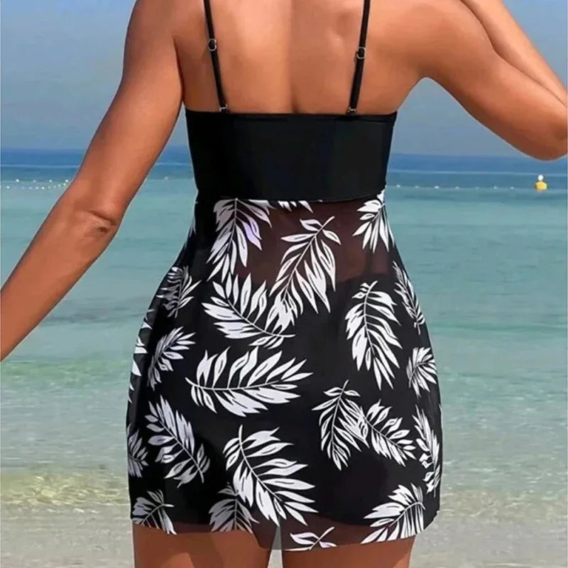 Summer Short Dress Split Swimsuit Women'S Sexy Fashion High Waist Swimsuit Thickened Mesh Print Swimming Beach Wear