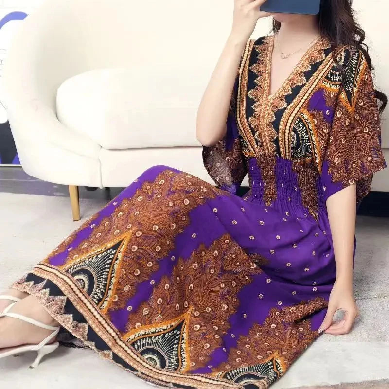 Casual Elegant Retro Bohemian National Style V-Neck Elastic  Waist Large Swing Printed Summer Long Skirt Woman Dress Clothes