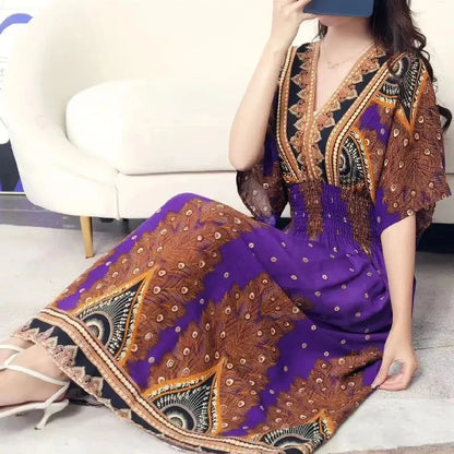 Casual Elegant Retro Bohemian National Style V-Neck Elastic  Waist Large Swing Printed Summer Long Skirt Woman Dress Clothes