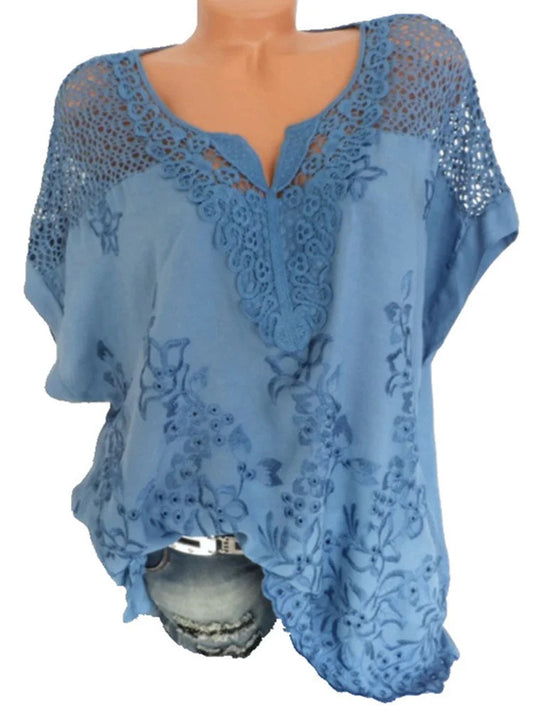 Large Size Loose Short-Sleeved Lace Women Blouses Cotton Blouses 2024 Summer V-Neck White Shirt Tops Sexy Fashion Women Shirt