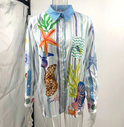 Bohemia Satin Print Loose Two Piece Sets Women Causal Long Sleeve Shirts+Long Wide Leg Pants Female Beach Summer Outfits