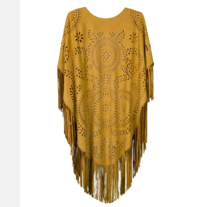Camel Suede Floral Hollow Out Fringe Tassel Shawl Women Vintage Capes Ponchos Autumn Bohemian Cardigan Cloak Boho Capes