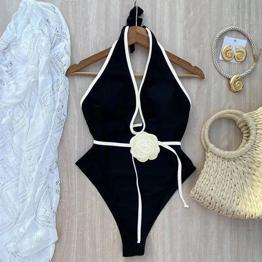 Floral One Piece Swimsuit 2025 New Halter Bandage Swimwear Women Swimsuit Bathing Suit Beachwear Monokini Female Swimming Suits