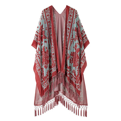 Wehello Bohemian Burnt Plush Kimono Women'S Long Purple Tassel Beach Cover-Up  Holiday Casual Cardigan Shawl Jypf-20