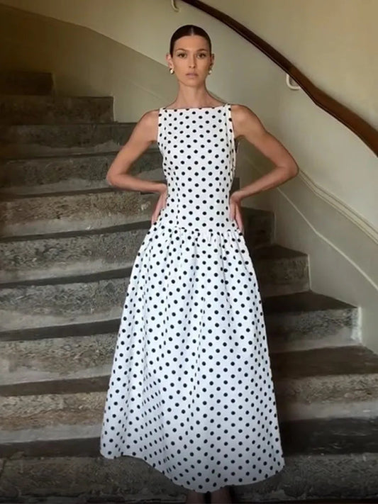 Elegant Women Polka Dot Maxi Dresses Chic Sleeveless Round Neck High Waist Slim Long Vestidos 2025 Lady Party Street New Dress
