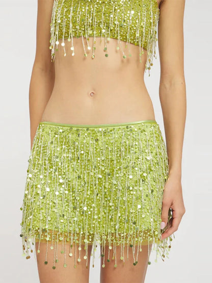 Sexy Sequin Tassels Beach Outfits Women Shiny Fashion Bikinis Sets Female 2025 Summer Holiday High Street Raves Sets 2 Pieces