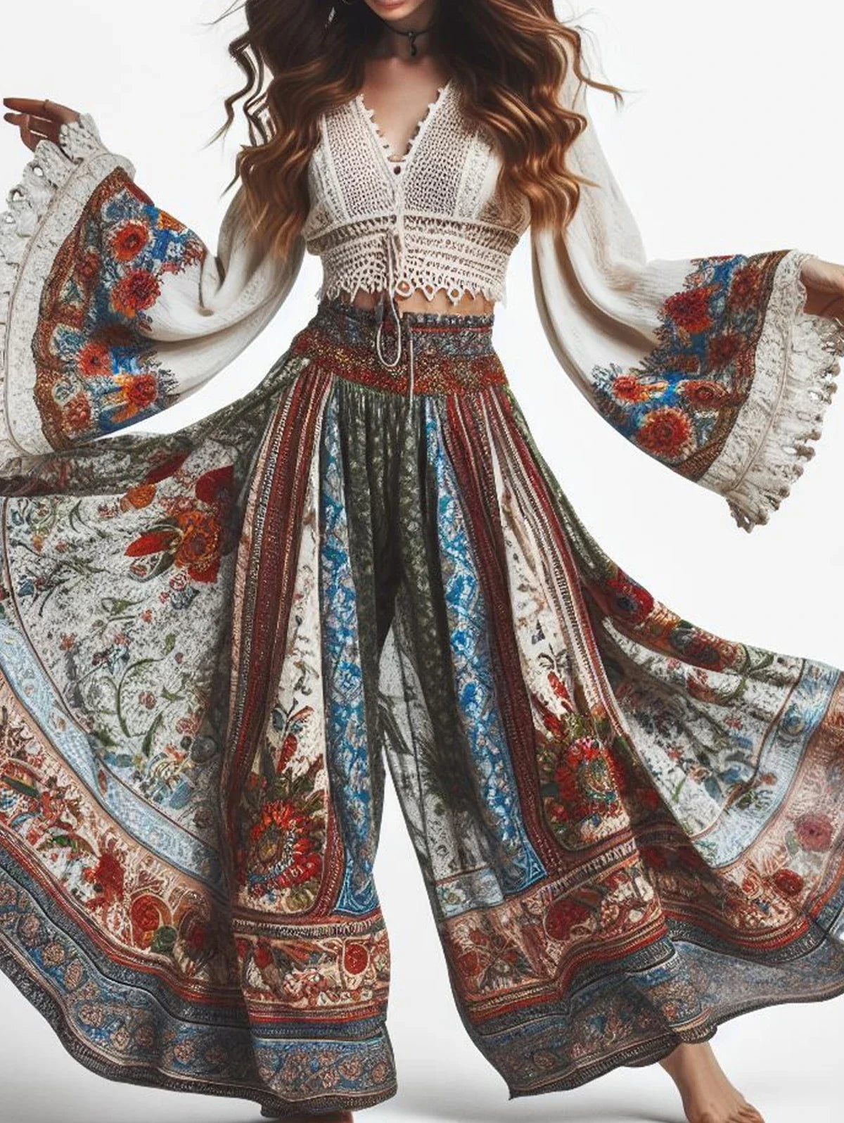 Elegant Women'S Trousers Bohemian Style Classic Retro Floral Pattern Print Elastic High Waist Women'S Wide Leg Pants