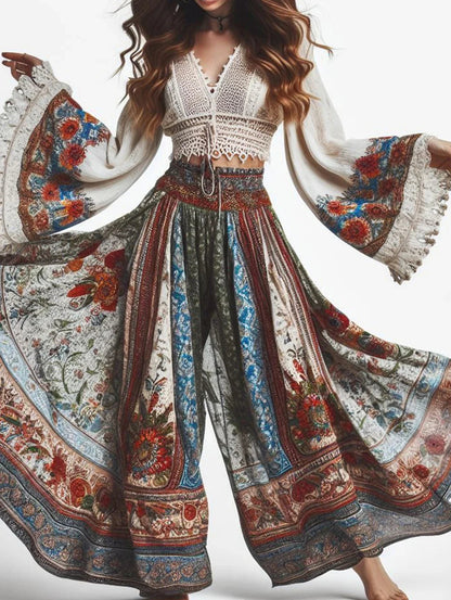 Elegant Women'S Trousers Bohemian Style Classic Retro Floral Pattern Print Elastic High Waist Women'S Wide Leg Pants