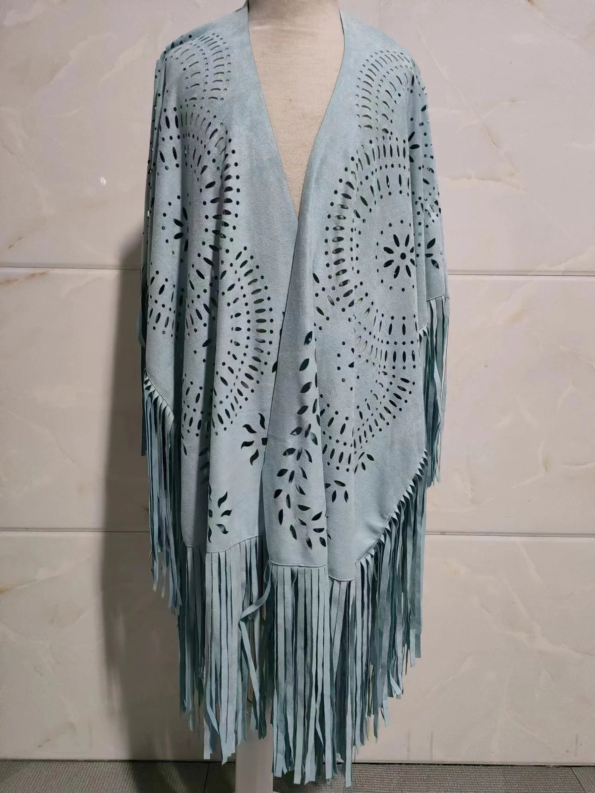 Camel Suede Floral Hollow Out Fringe Tassel Shawl Women Vintage Capes Ponchos Autumn Bohemian Cardigan Cloak Boho Capes