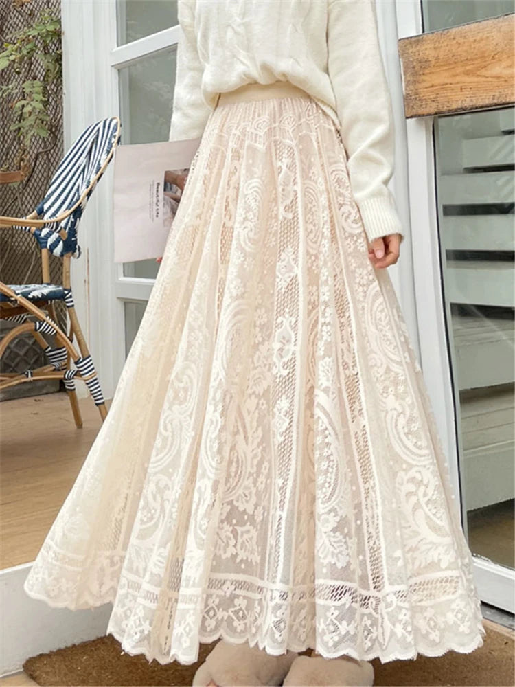 Vintage Women'S Lace Crochet Umbrella Long Skirts Bohemian High Waist Hollow Out Female Maxi Skirts Spring Summer