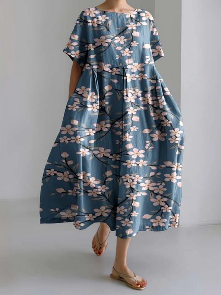 New Women'S Round Neck Long Casual Dress Summer Large Size Fresh Fish Print Dress Street Vacation Short-Sleeved Dress
