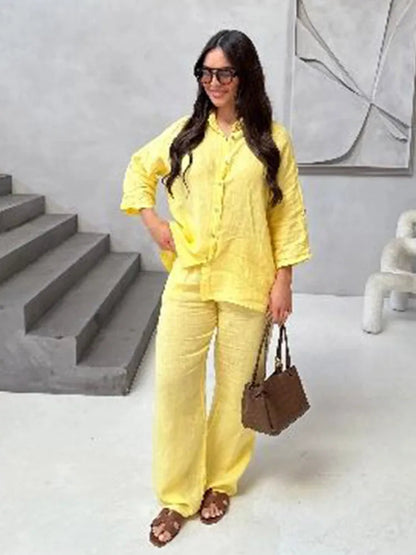 Yellow Casual Ruffles Lace-Up Shirts For Women Fashion Loose Long Sleeve V Neck Summer Blouse Lady Lightweight Holiday Tops 2025