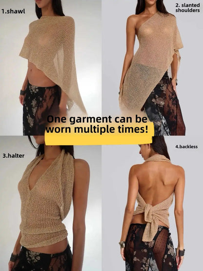 Jadedlondon Gold Knitted Hollow Out One Piece Top Hanging Neck Shoulder Multi-Way Holiday Style Strap Vest Polyester Fiber