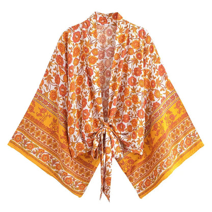 Happie Queens Floral Print Sashes Short  Kimono Women Fashion V Neck Batwing Sleeves Robe Lady Boho Bikini Cover-Ups