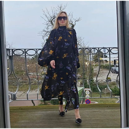 Elegant Printed Boho Long Dresses Women Loose Chic Turtleneck Lantern Sleeve Floral Robes 2025 Spring Summer Lady Vacation Dress