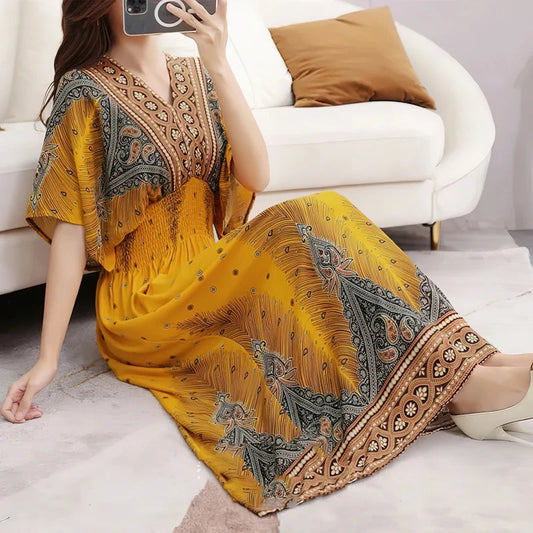 Casual Elegant Retro Bohemian National Style V-Neck Elastic  Waist Large Swing Printed Summer Long Skirt Woman Dress Clothes