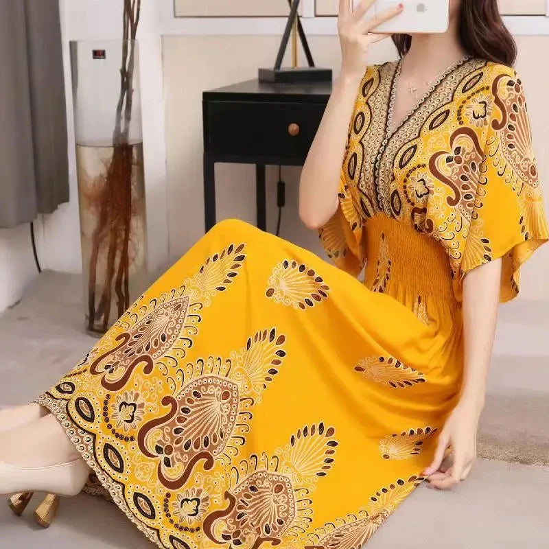 Casual Elegant Retro Bohemian National Style V-Neck Elastic  Waist Large Swing Printed Summer Long Skirt Woman Dress Clothes