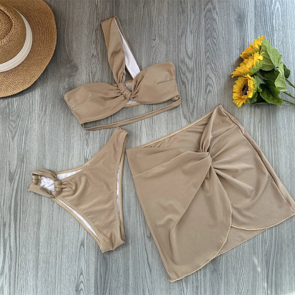 3 Piece Bikini Women Swimsuits 2024 Female Swimwear Beachwear Swimming Suit Bathing Suit Bikini Set One Shoulder Biquini