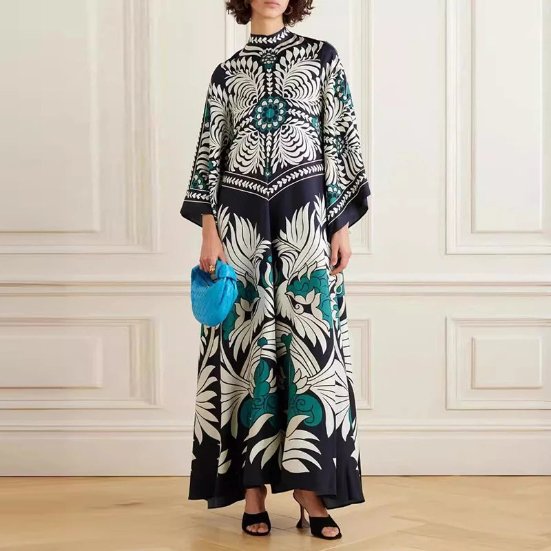 Ethnic Retro Spring Print Boho Long Dress Women Sexy Stand Collar Lace-Up Party Dress Fall Long Sleeve Loose Ladies Maxi Dresses
